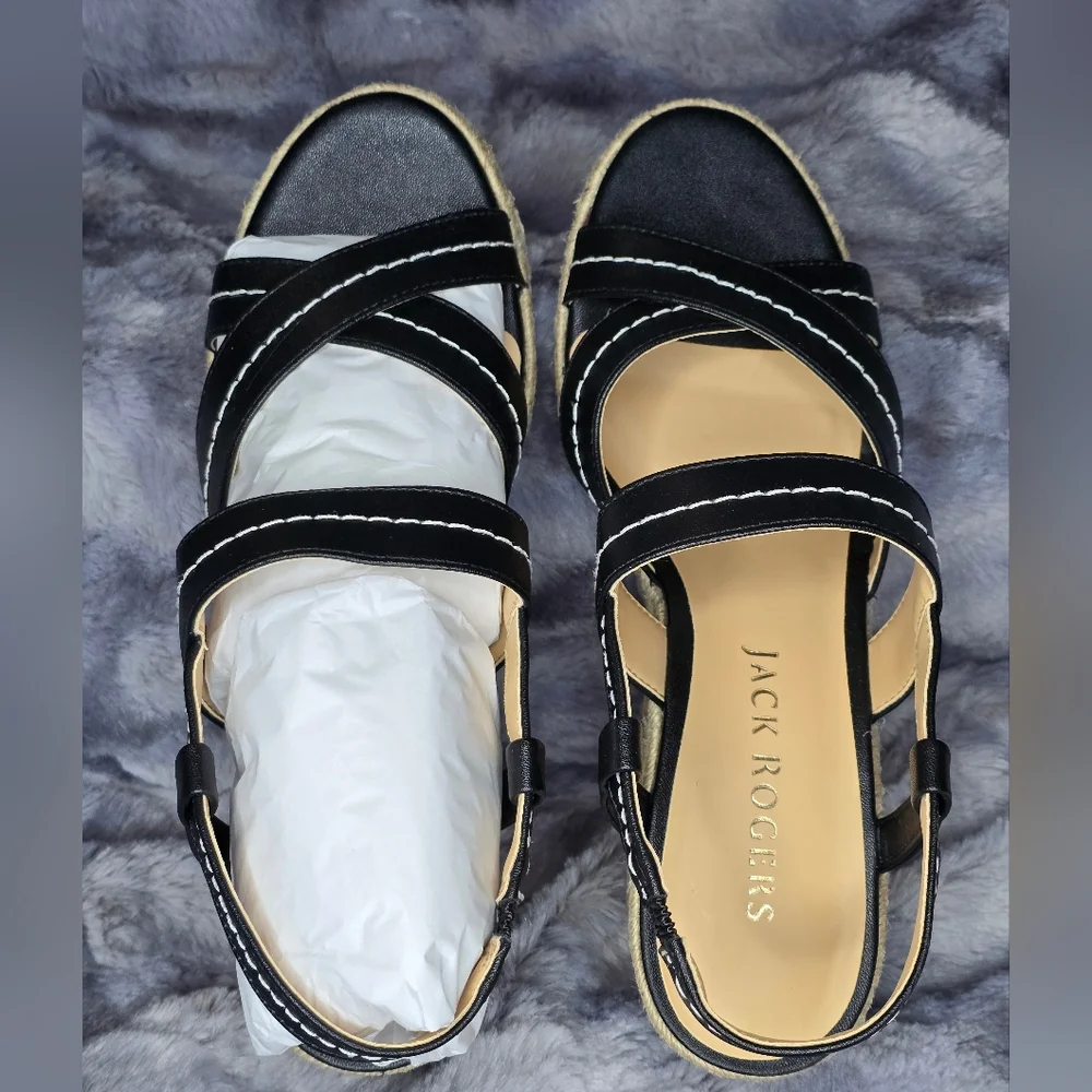 NWB Polly‎ Mid Womens Faux Leather Slingback Wedge Sandals In Black Size 9.5